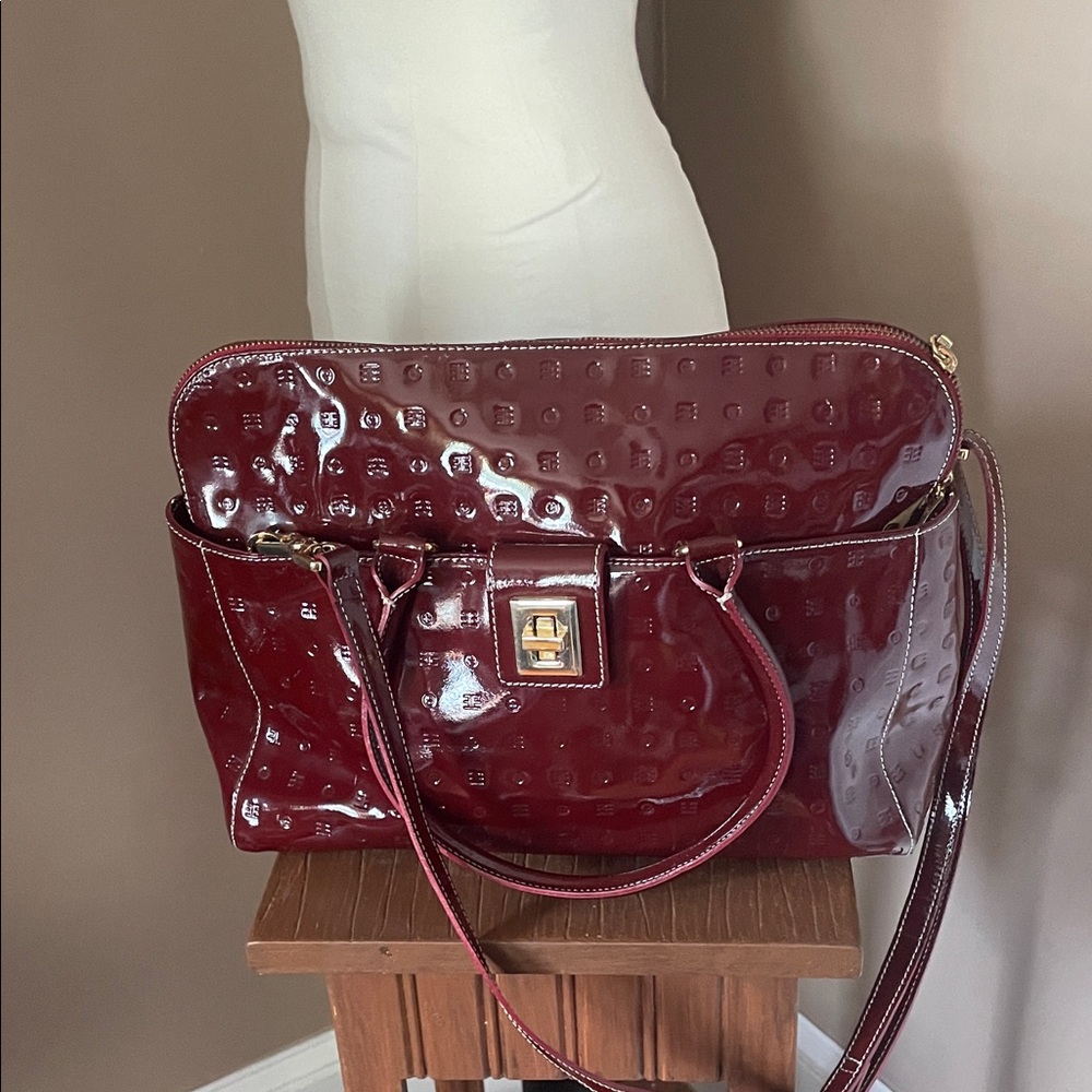 Arcadia Patent Leather Shoulder Bag in Deep Burgundy